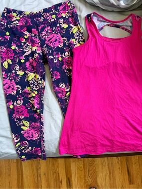Gaiam bright Pink Tank + Navy Floral Leggings Set